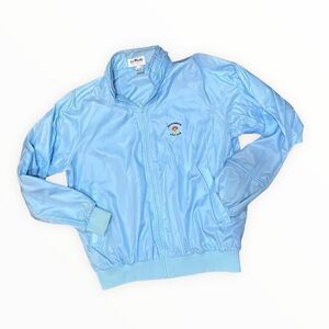 LOGO EMBROIDERED ZIP FRONT GOLF VARSITY JACKET LIGHT BLUE MADE IN THE USA LARGE